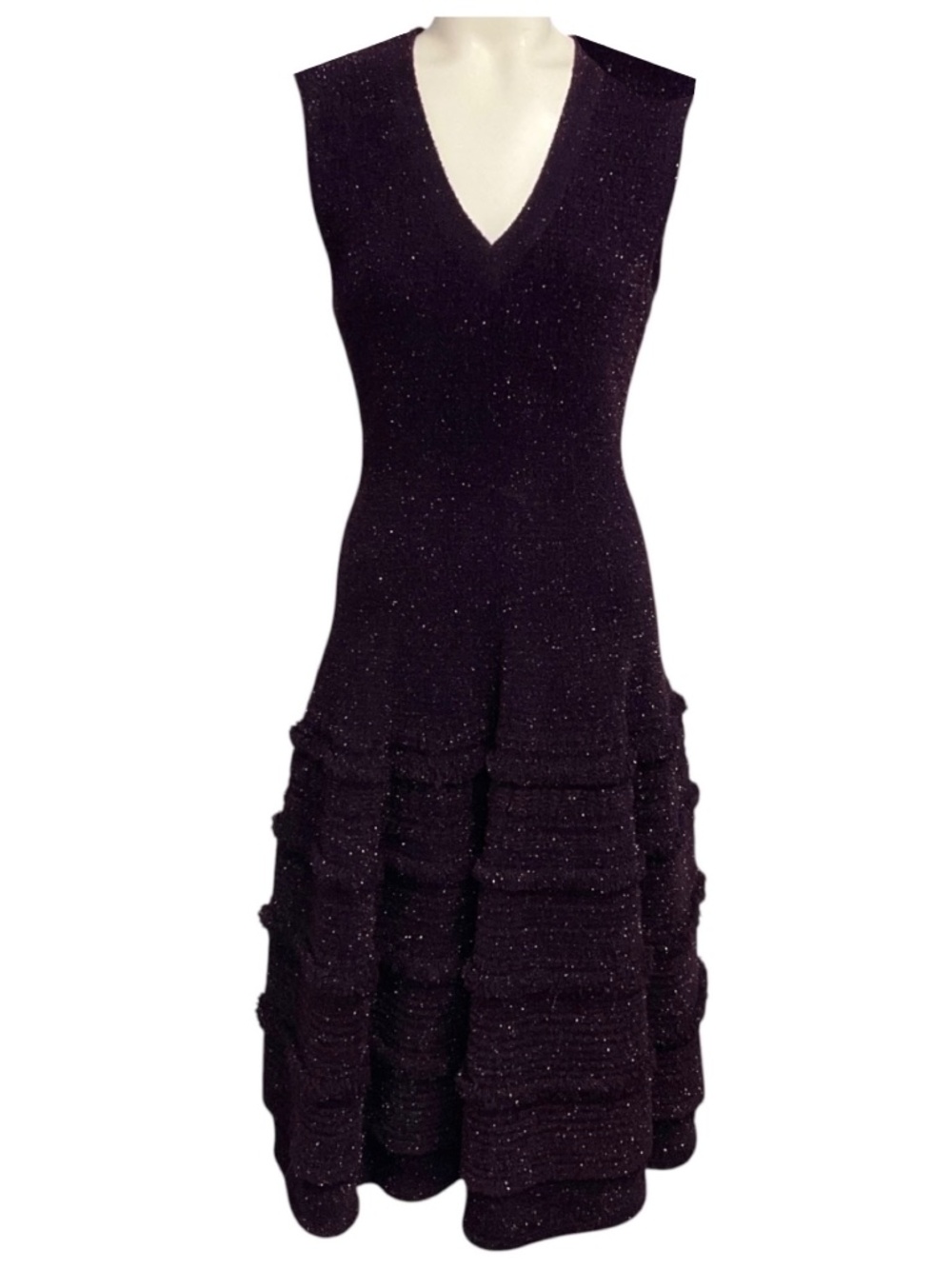 ALAIA PURPLE SLEEVELESS V-NECK SHIMMER KNIT FLARED MIDI DRESS